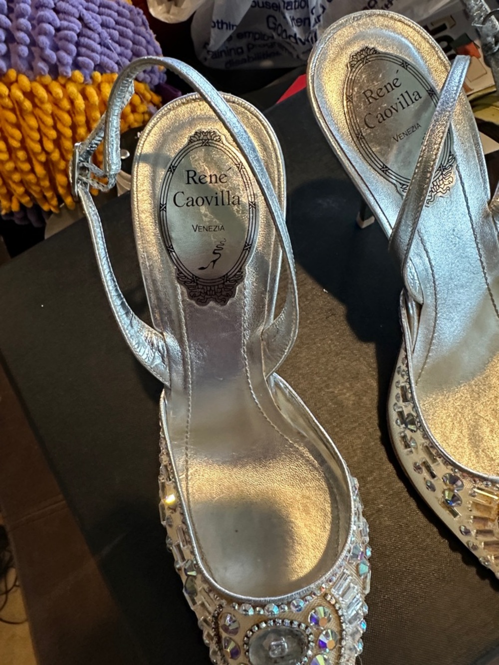 Rene Caovilla Silver Embellished Slingback Heels